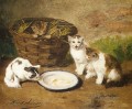 Kätzchen durch eine Schale Milch Alfred Brunel de Neuville